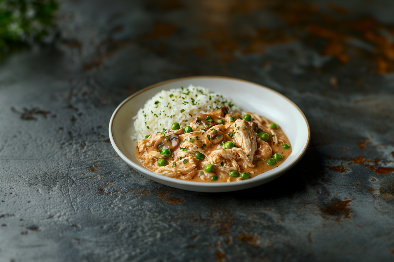 Hühnerfrikassee mit Erbsen und Reis – Ein Klassiker mit Suppenhuhn